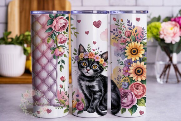 Black Cat Floral Crown Tumbler Wrap