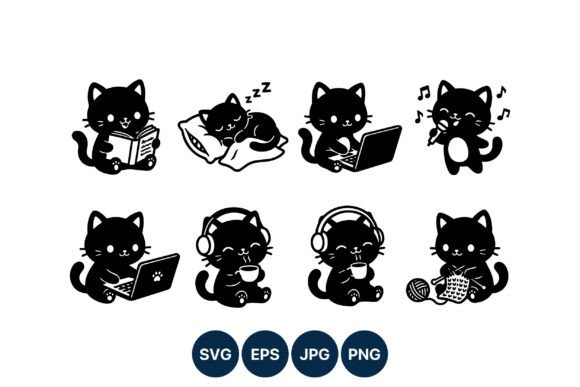 Black Cat Reading Sleeping Vector