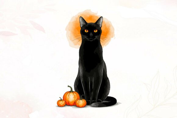 Black Cat with Orange Pumpkins Art