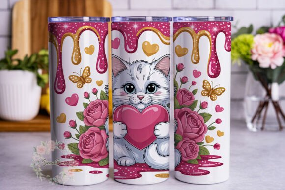 Cat and Pink Glitter Hearts 20oz Tumbler