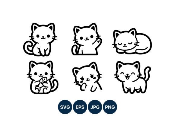 Cute Black White Cat Line Art Cartoon
