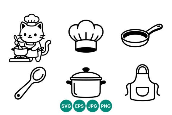Cute Cat Cooking Kitchen Icon Set