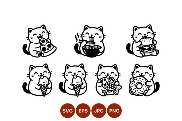 Cute Cat Eating Food Black Line Art