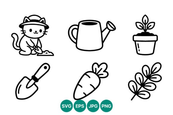 Cute Cat Gardening Line Art Icons