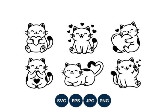 Cute Cat Love Heart Line Art