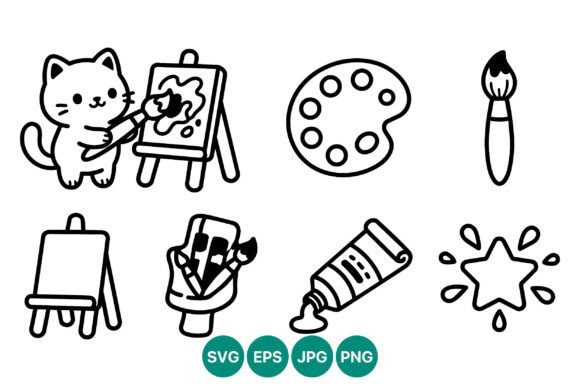 Cute Cat Painting Line Art