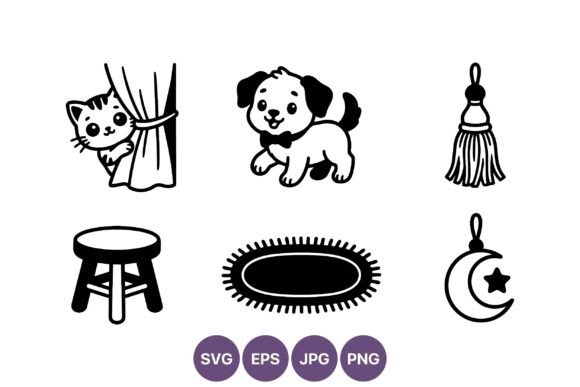Cute Cat Puppy Household Icons Set