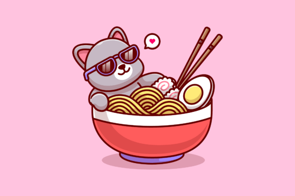 Cute Cat Ramen Noodle Cartoon