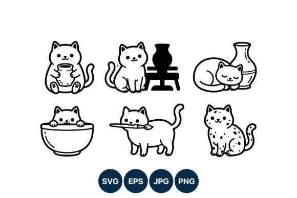 Cute Cat Vector Line Art with Pottery