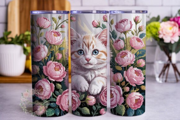 Cute Kitten Pink Roses 20oz Tumbler Wrap