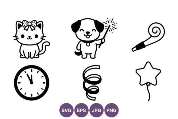 Cute Kitten Puppy Party Line Art