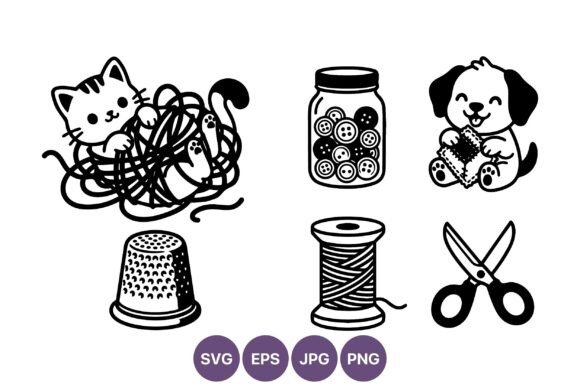 Cute Kitten Puppy Sewing Craft Vector