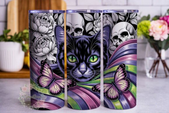 Gothic Cat Skull Butterfly Tumbler
