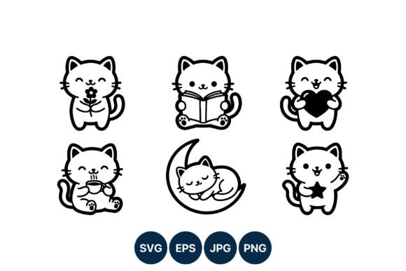 Kawaii Cat Black White Vector Icons
