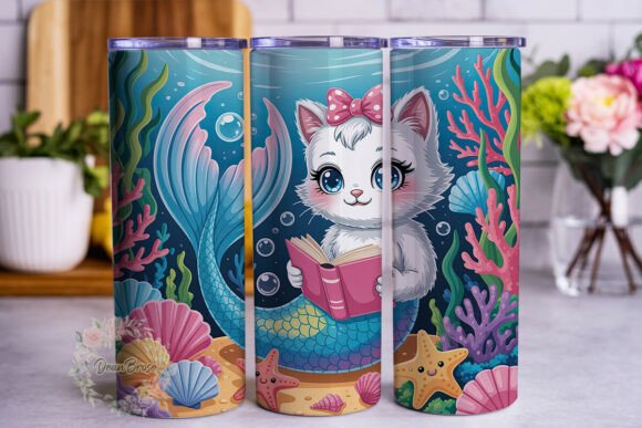 Mermaid Cat Reading Tumbler Wrap