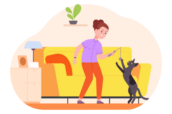 Playful Cat with Kid Owner. Home Pet Hap