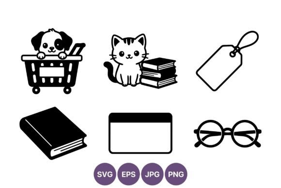 Puppy Cart Cat Books Glasses Icons