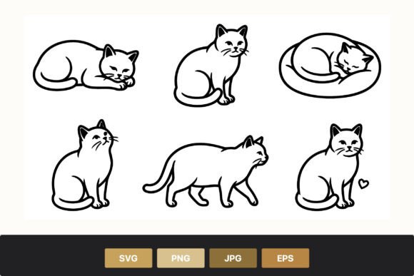 Six Cute Cat Line Art Drawings