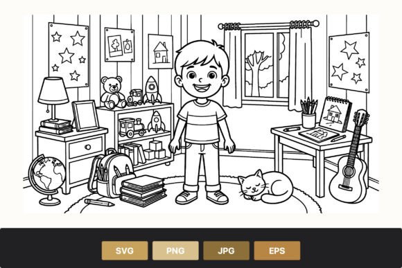 Smiling Boy with Cat in Kids Bedroom
