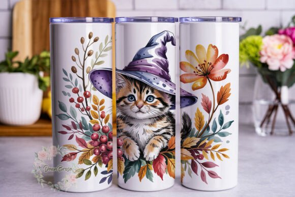 Whimsical Fall Kitten Floral Tumbler